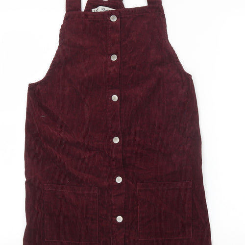 Primark Girls Red 100% Cotton Pinafore/Dungaree Dress Size 13-14 Years Square Neck Button