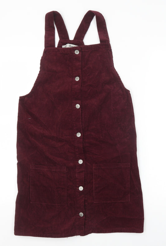 Primark Girls Red 100% Cotton Pinafore/Dungaree Dress Size 13-14 Years Square Neck Button