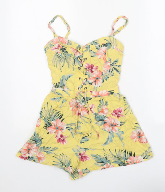 Hollister Womens Yellow Floral Viscose Playsuit One-Piece Size XS Lace Up