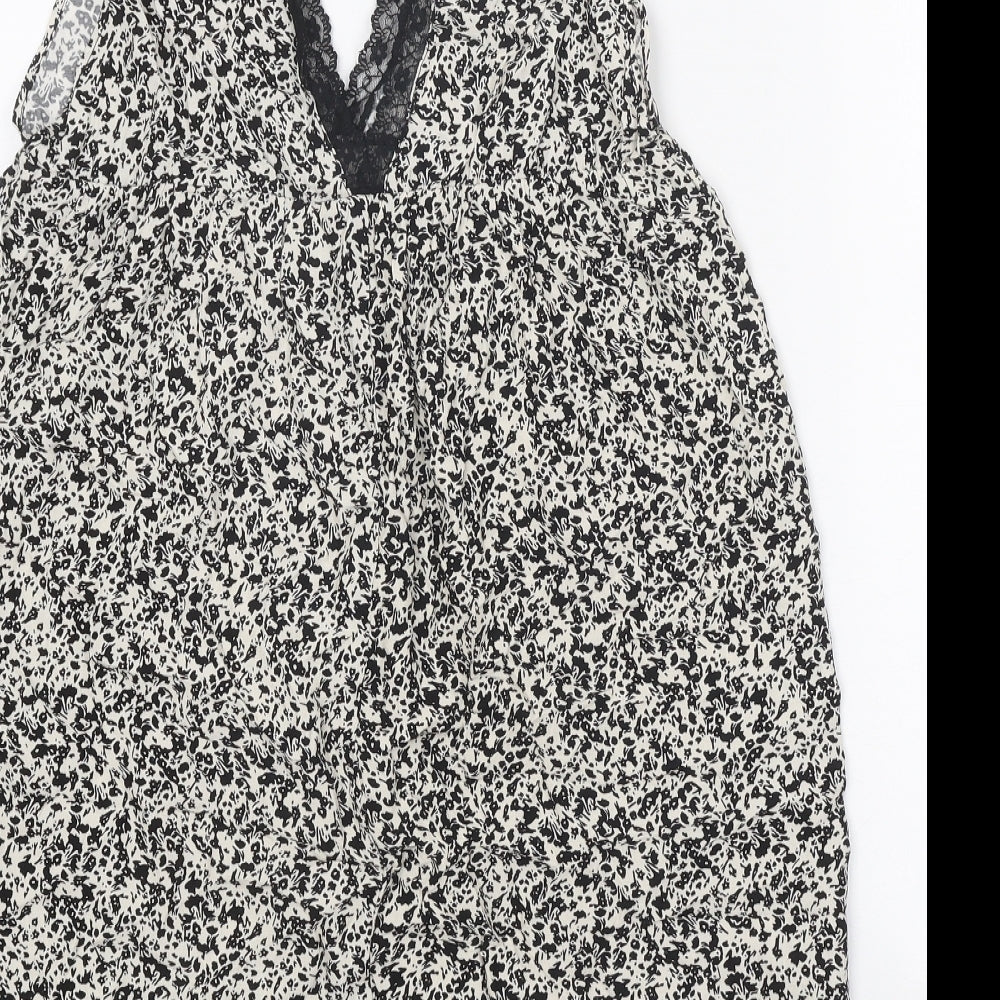 Zara Girls White Geometric Viscose Tank Dress Size 11-12 Years V-Neck Pullover - Lace Trim