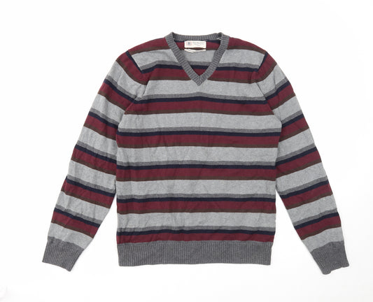 Marks and Spencer Mens Multicoloured V-Neck Striped Cotton Pullover Jumper Size S Long Sleeve