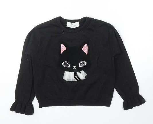 H&M Girls Black Round Neck Cotton Pullover Jumper Size 4-5 Years Pullover - Cat, Age 4-6