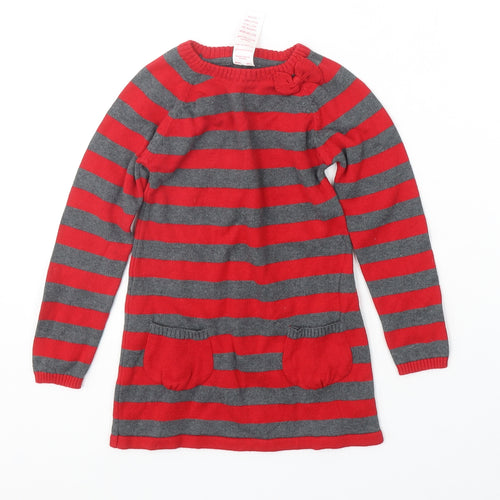 E-vie Girls Red Striped Cotton Jumper Dress Size 2-3 Years Round Neck Pullover