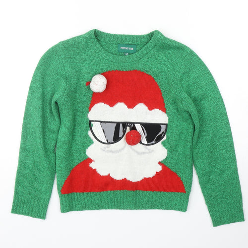 FESTIVE FUN Boys Green Round Neck Acrylic Pullover Jumper Size 7-8 Years Pullover - Christmas Santa