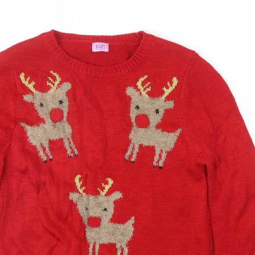F&F Girls Red Round Neck Acrylic Pullover Jumper Size 10-11 Years Pullover - Reindeer