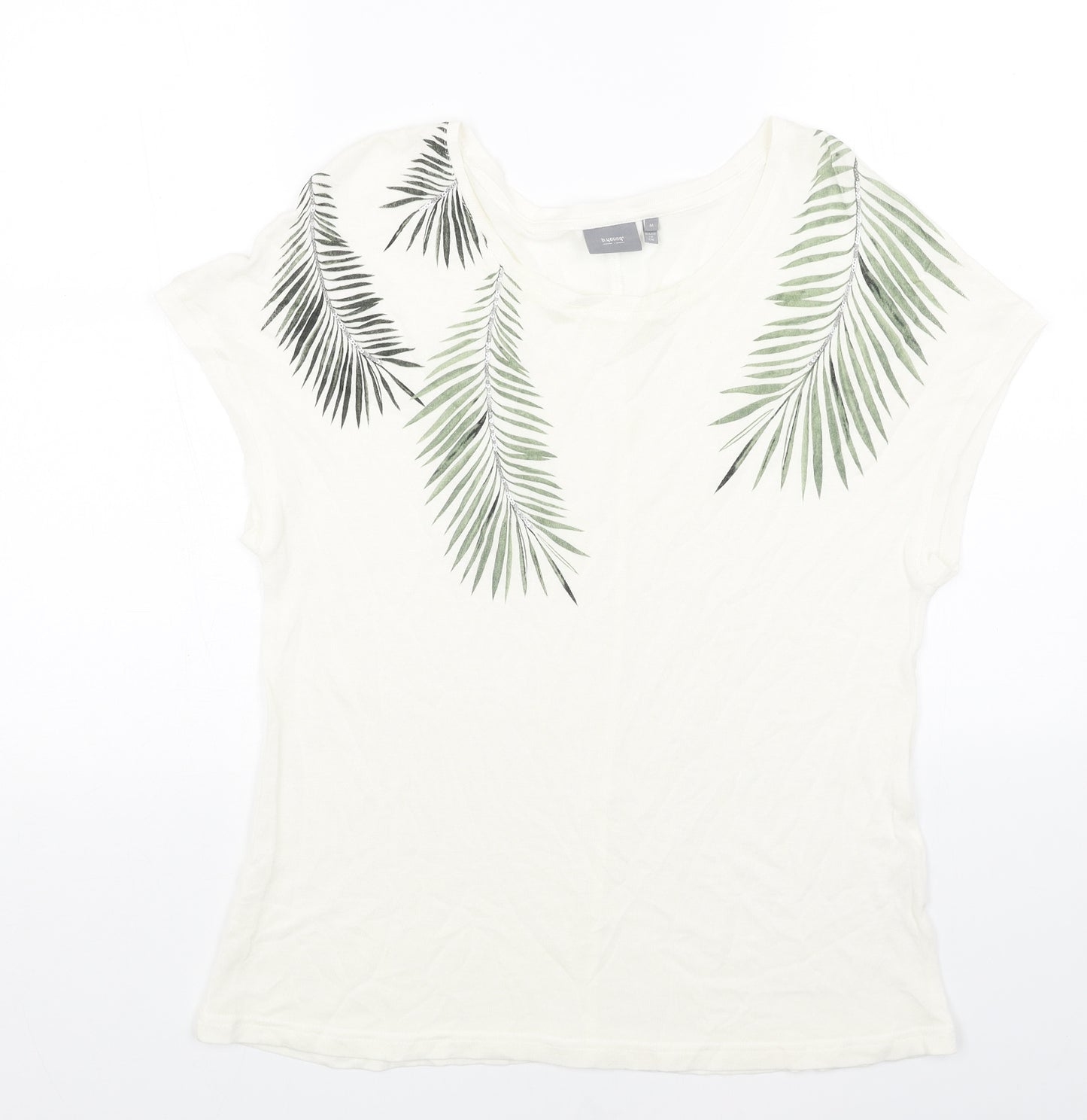 b.young Womens White Cotton Basic T-Shirt Size M Scoop Neck - Leaf Print