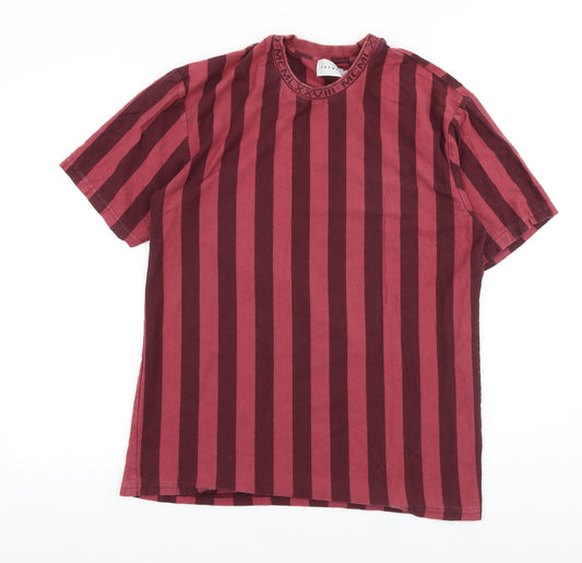 Topman Mens Red Striped Cotton T-Shirt Size M Round Neck
