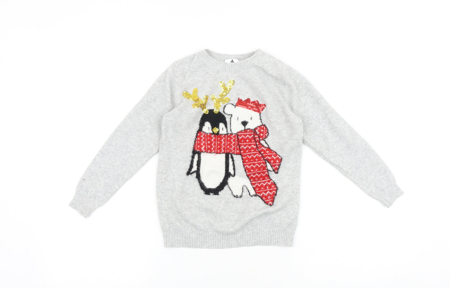 George Girls Grey Round Neck Cotton Pullover Jumper Size 7-8 Years Pullover - Christmas Penguin and Polar Bear