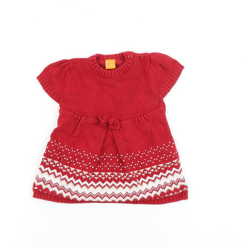 MINIMODE Baby Red Geometric 100% Cotton Jumper Dress Size 0-3 Months Round Neck Button