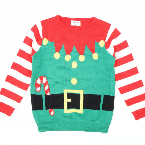 Festive Fun Boys Multicoloured Round Neck Striped Acrylic Pullover Jumper Size 7-8 Years Pullover - Christmas Elf
