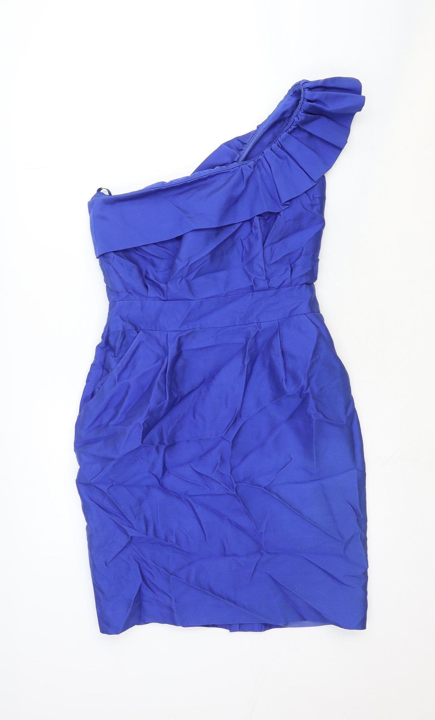 Reiss Womens Blue Cotton Sheath Size 10 One Shoulder Zip