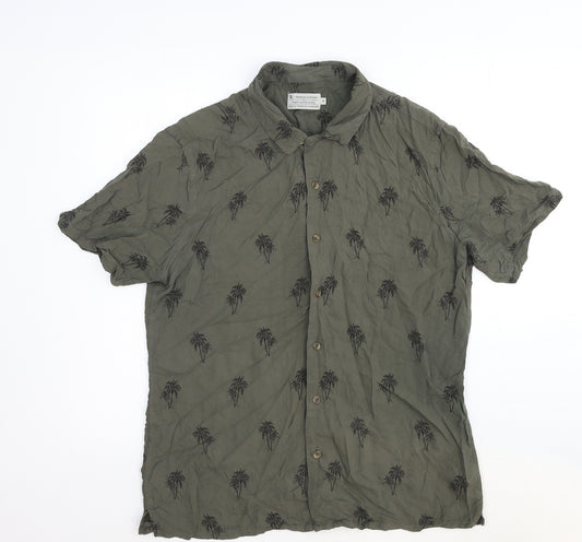 TU Mens Green Geometric Cotton Button-Up Size M Collared Button - Palm Tree