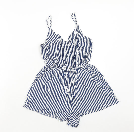 H&M Womens Blue Striped Viscose Playsuit One-Piece Size 6 Pullover