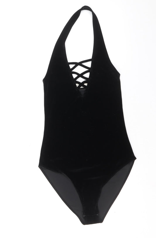 Miss Selfridge Womens Black Polyester Bodysuit One-Piece Size 6 Snap - Lattice Neck Detail