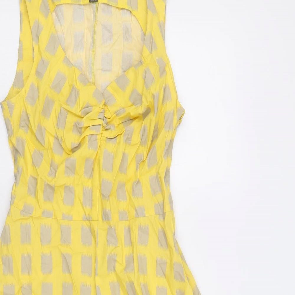Fever Womens Yellow Geometric 100% Cotton A-Line Size 10 V-Neck Zip