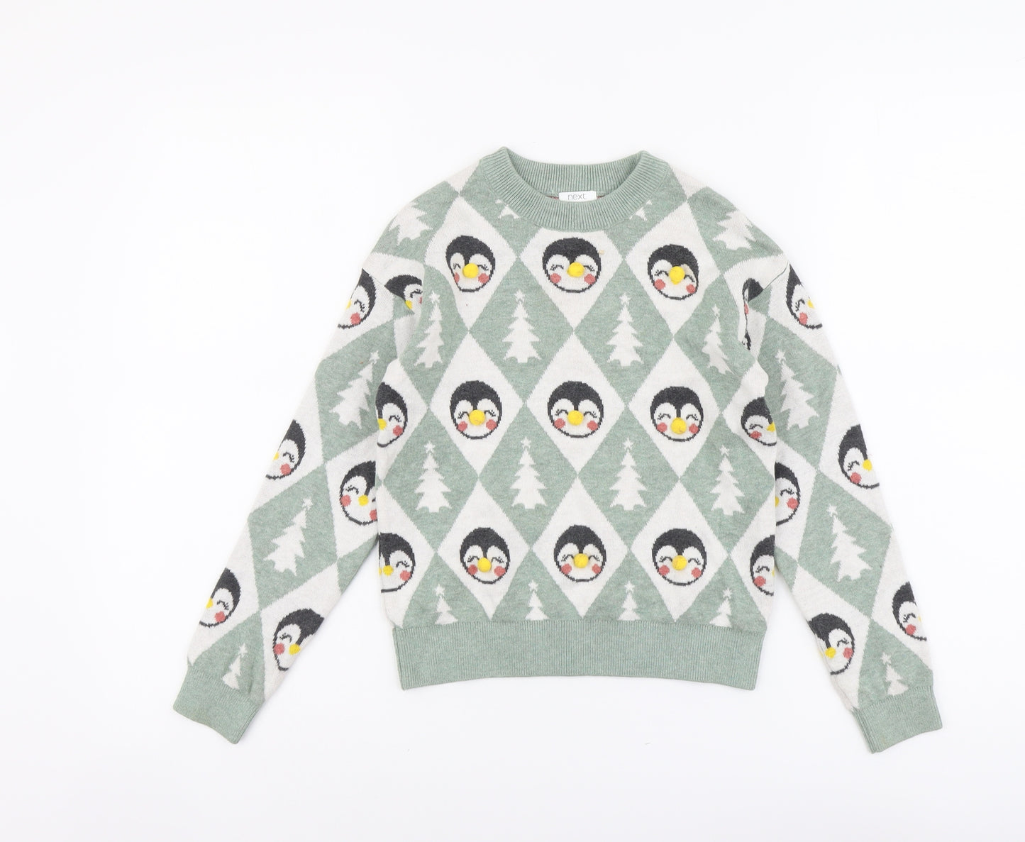 NEXT Girls Green Round Neck Geometric Cotton Pullover Jumper Size 7 Years Pullover - Penguin