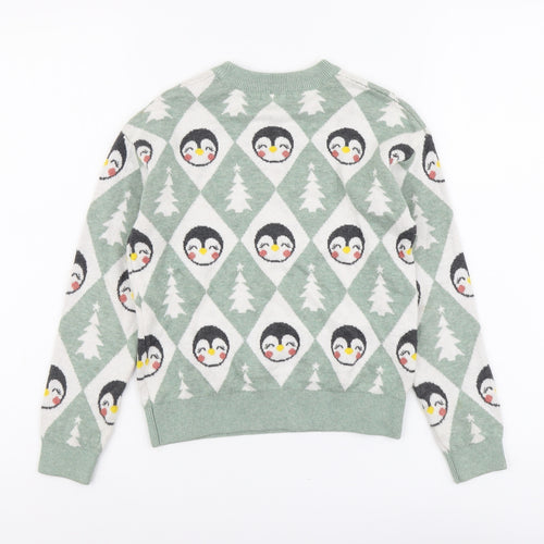 NEXT Girls Green Round Neck Geometric Cotton Pullover Jumper Size 7 Years Pullover - Penguin
