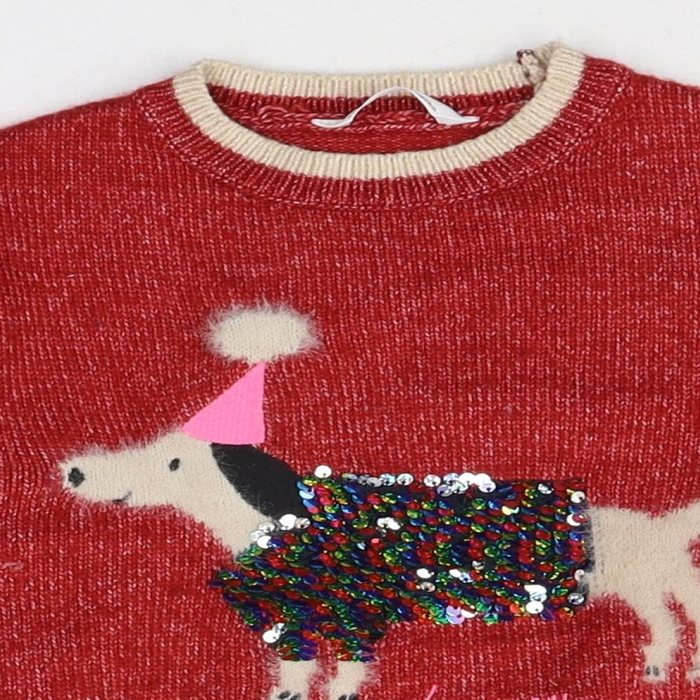 Marks and Spencer Boys Red Round Neck Polyester Pullover Jumper Size 3-4 Years Pullover - Christmas Dog