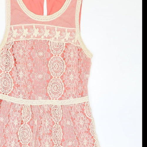 Promod Womens Pink Geometric Nylon A-Line Size 12 Round Neck Button