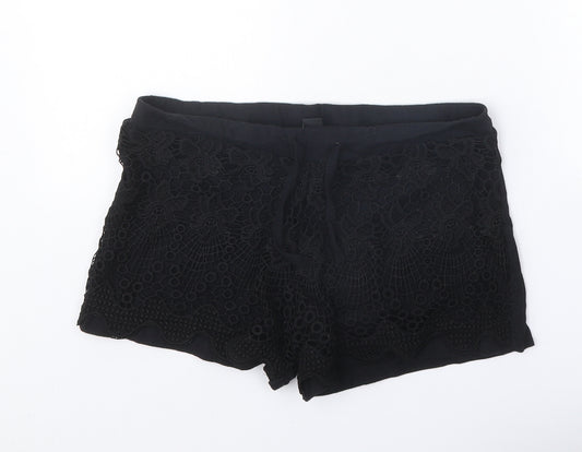 Atmosphere Womens Black Cotton Hot Pants Shorts Size 12 Regular Tie - Crocheted Lace Overlay