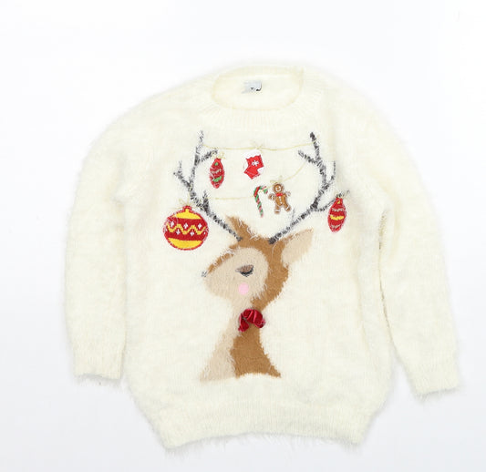 TU Girls White Round Neck Polyamide Pullover Jumper Size 4 Years Pullover - Christmas Reindeer