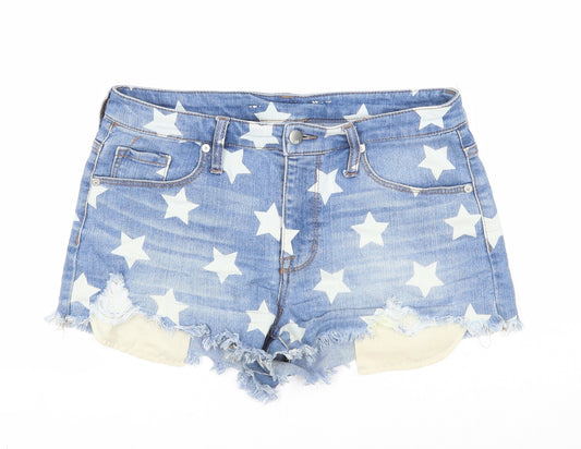 Preworn Womens Blue Geometric Cotton Cut-Off Shorts Size 10 Regular Zip - Star Print