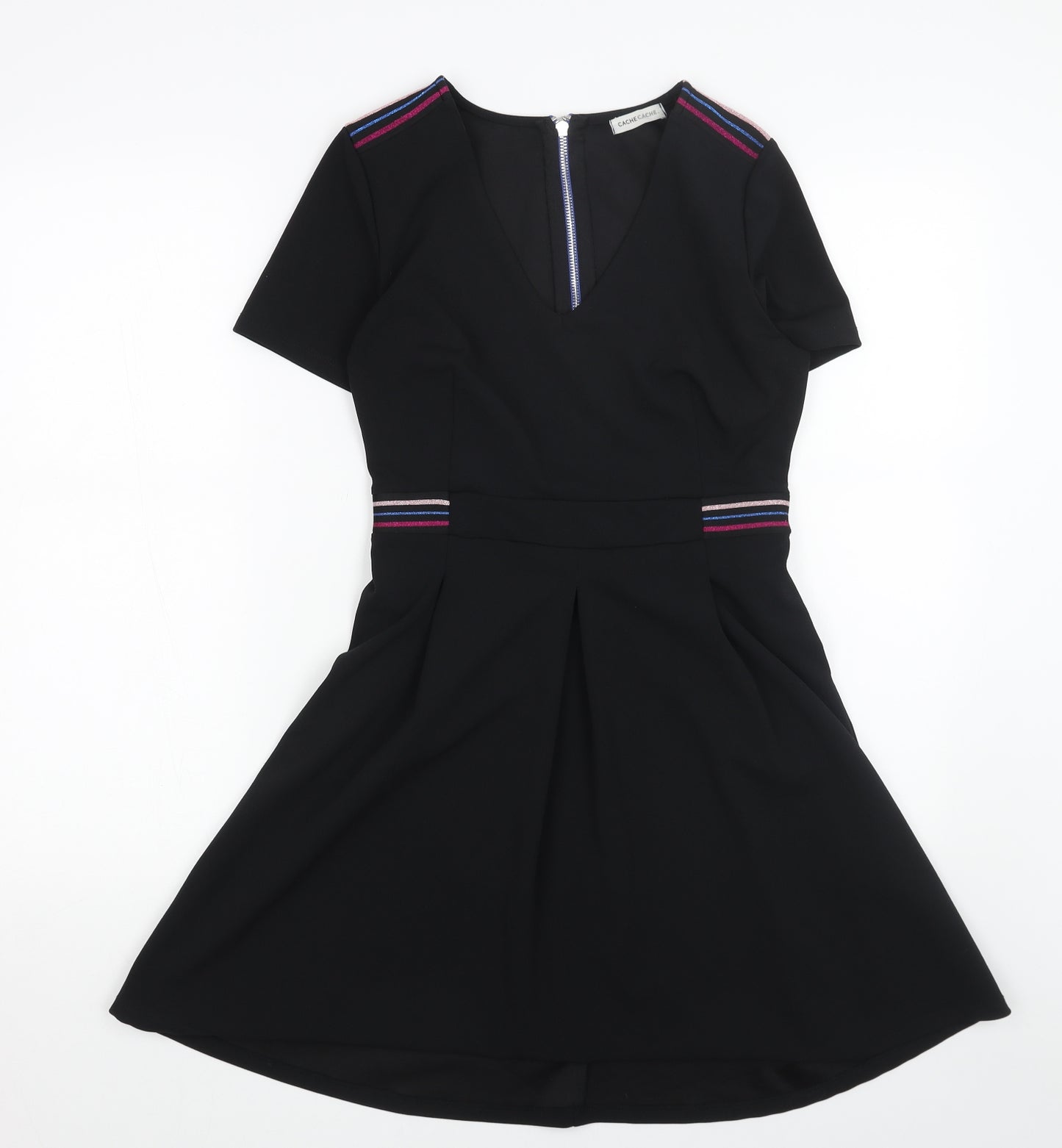 Cache Cache Womens Black Polyester Skater Dress Size 6 V-Neck Zip