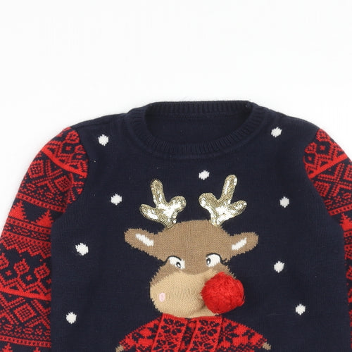 Dunnes Stores Boys Blue Round Neck Acrylic Pullover Jumper Size 6-7 Years Pullover - Christmas Reindeer