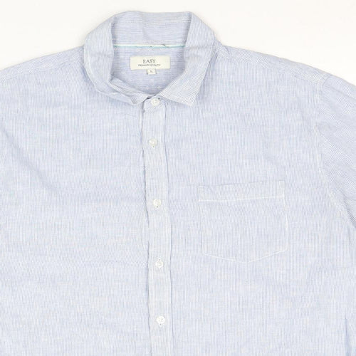 Easy Mens Blue Striped Linen Button-Up Size L Collared Button