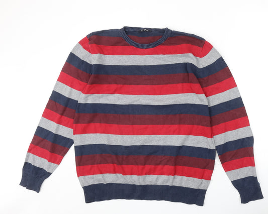 LC Walker Mens Multicoloured Round Neck Striped Cotton Pullover Jumper Size XL Long Sleeve