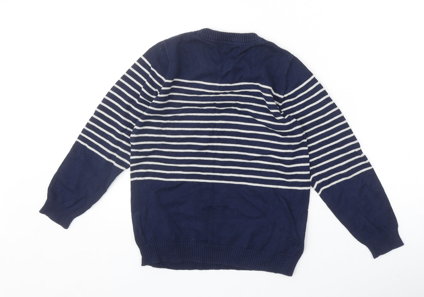 L&D Boys Blue Round Neck Striped 100% Cotton Pullover Jumper Size 8 Years Pullover