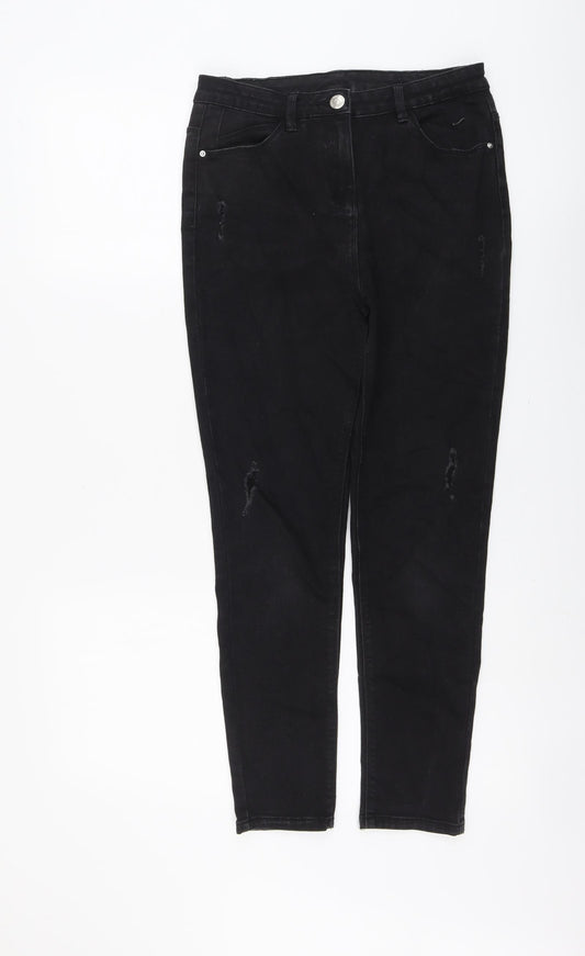 Preworn Girls Black Cotton Skinny Jeans Size 12 Years Regular Button - Distressed