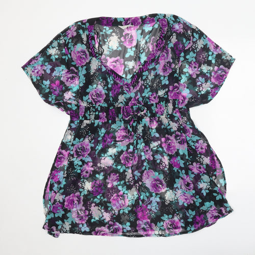 Debenhams Womens Black Floral Polyester Kaftan Size 10 V-Neck Tie - Elastic Waist
