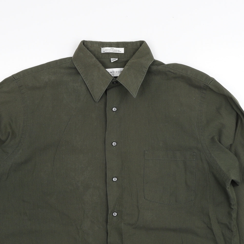 Van Heusen Mens Green Cotton Button-Up Size 16 Collared Button