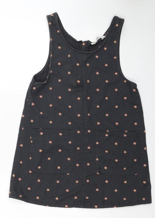 H&M Girls Grey Polka Dot Cotton Pinafore/Dungaree Dress Size 9-10 Years Scoop Neck Zip