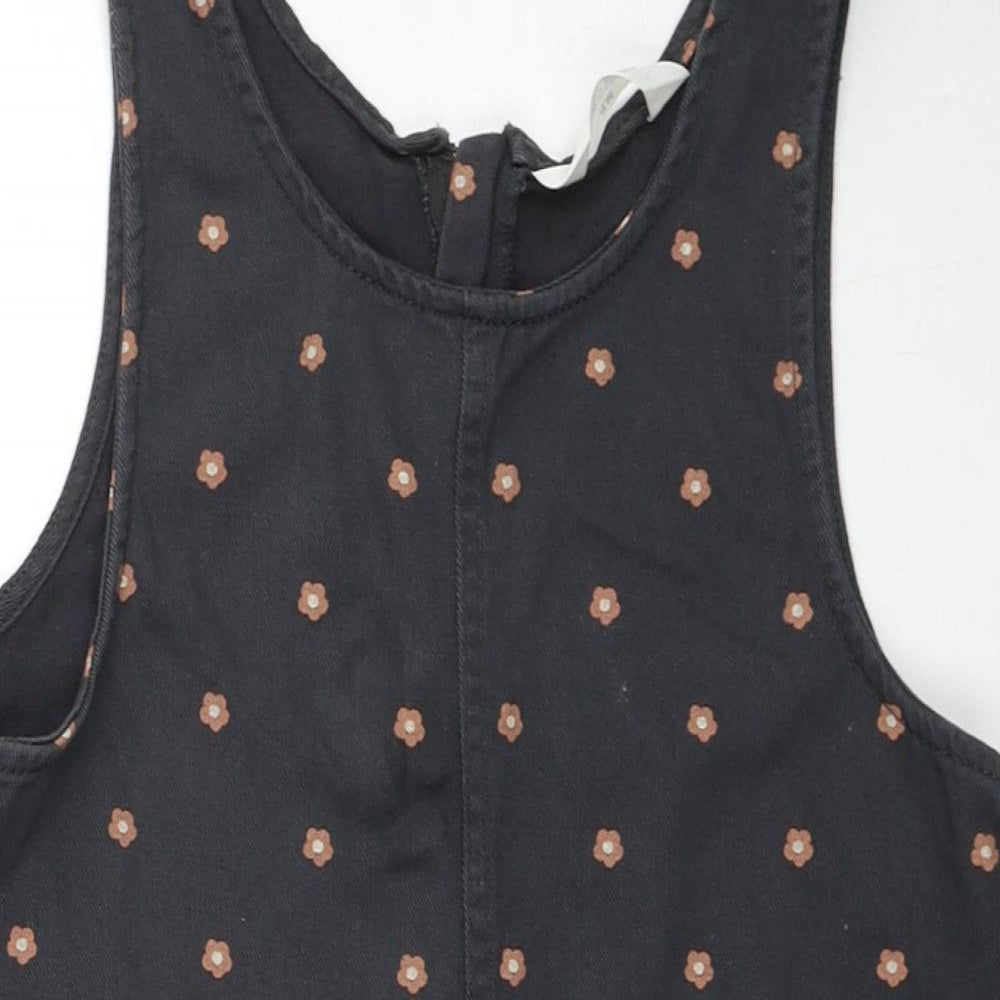 H&M Girls Grey Polka Dot Cotton Pinafore/Dungaree Dress Size 9-10 Years Scoop Neck Zip