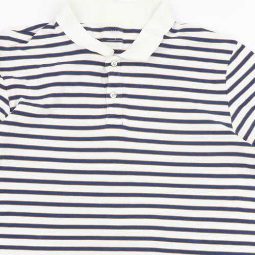Marks and Spencer Mens White Striped Cotton Polo Size L Collared Button