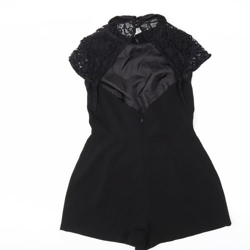 Topshop Womens Black Polyester Playsuit One-Piece Size 12 Button - Lace Detail, Cut Out Back