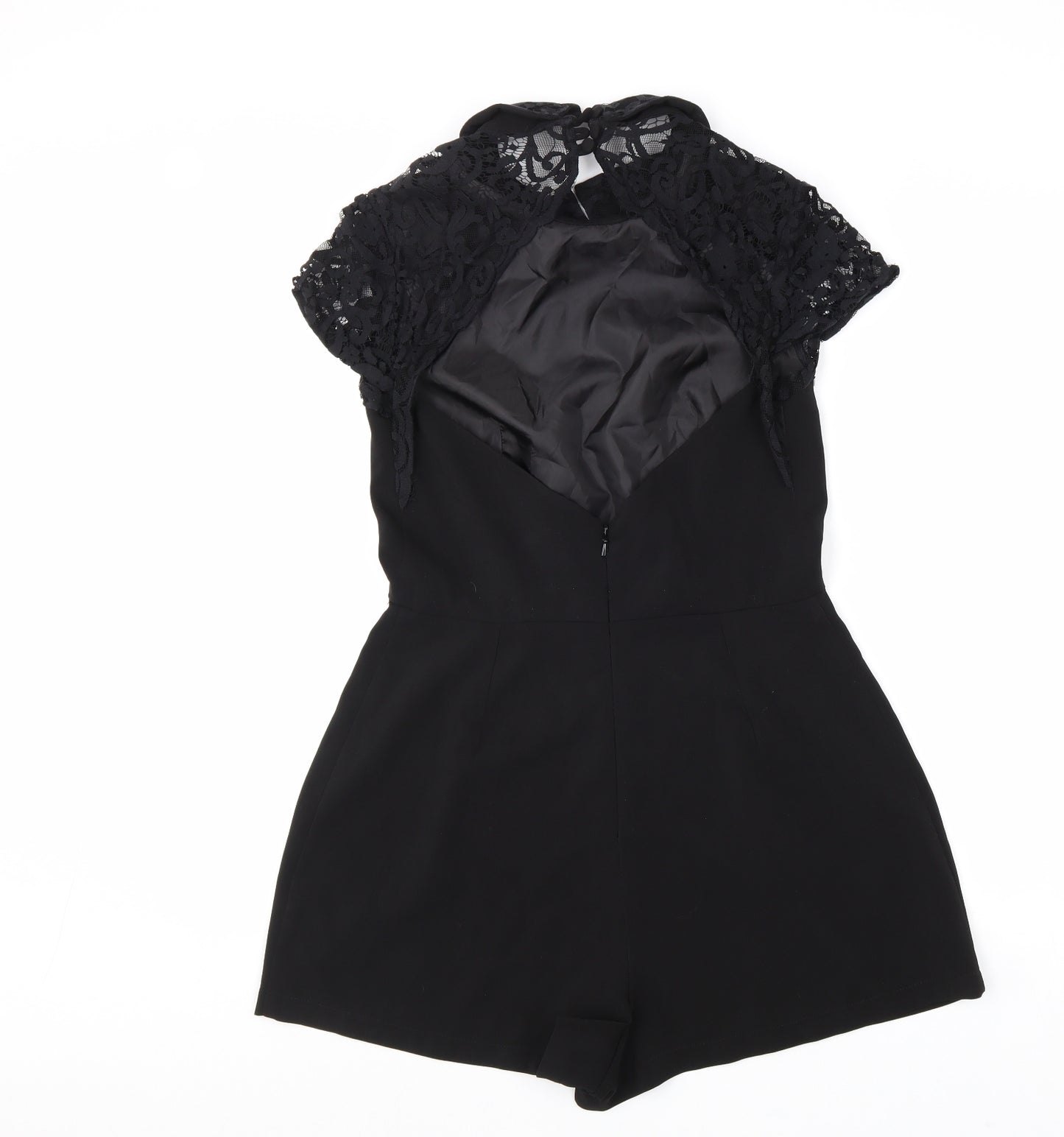 Topshop Womens Black Polyester Playsuit One-Piece Size 12 Button - Lace Detail, Cut Out Back