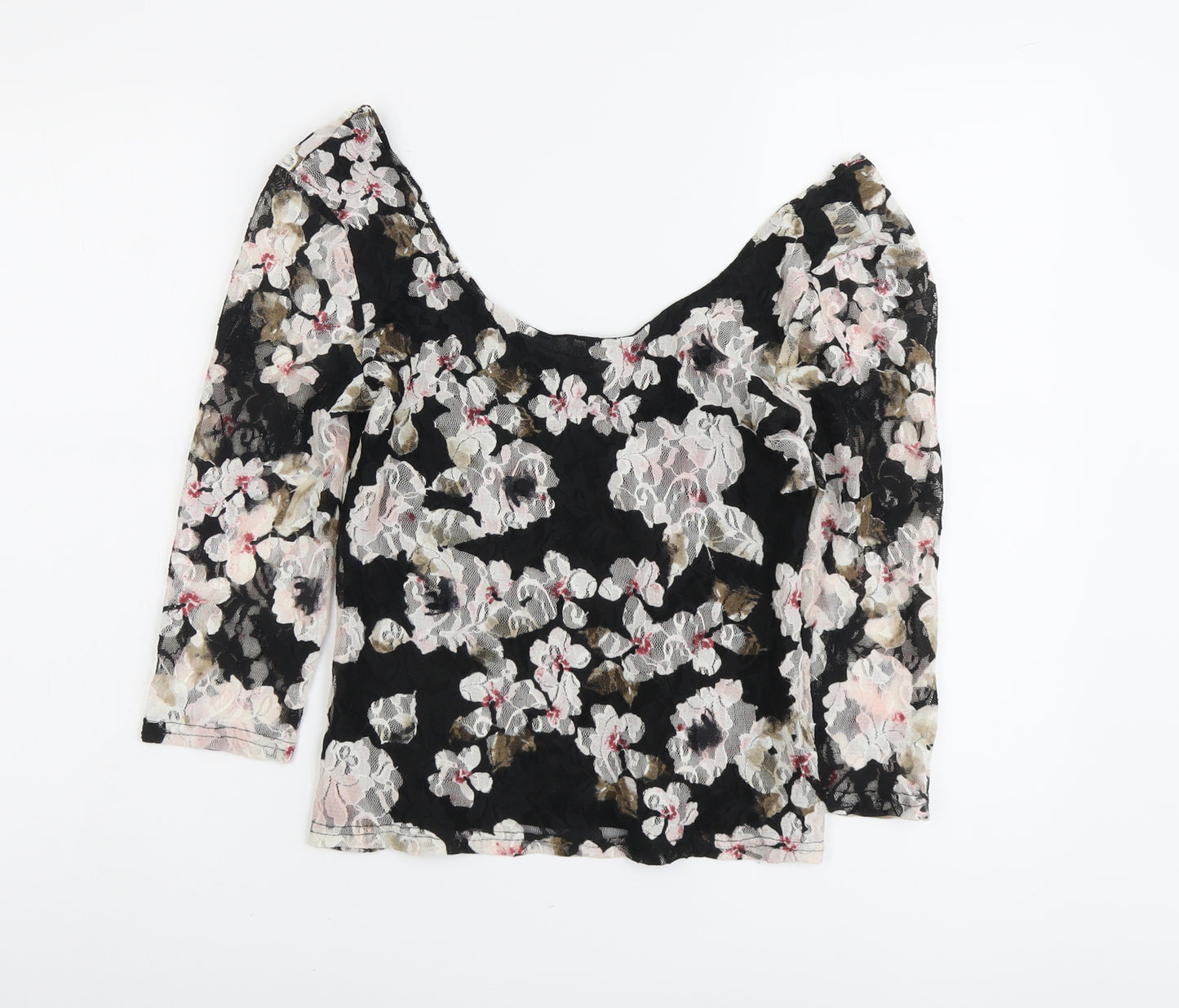 Pins & Needles Womens Black Floral Polyester Cropped Blouse Size S Scoop Neck