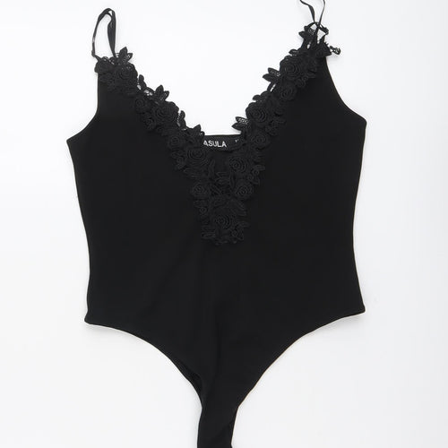 Lasula Womens Black Polyester Bodysuit One-Piece Size M Snap - Floral Lace Trim