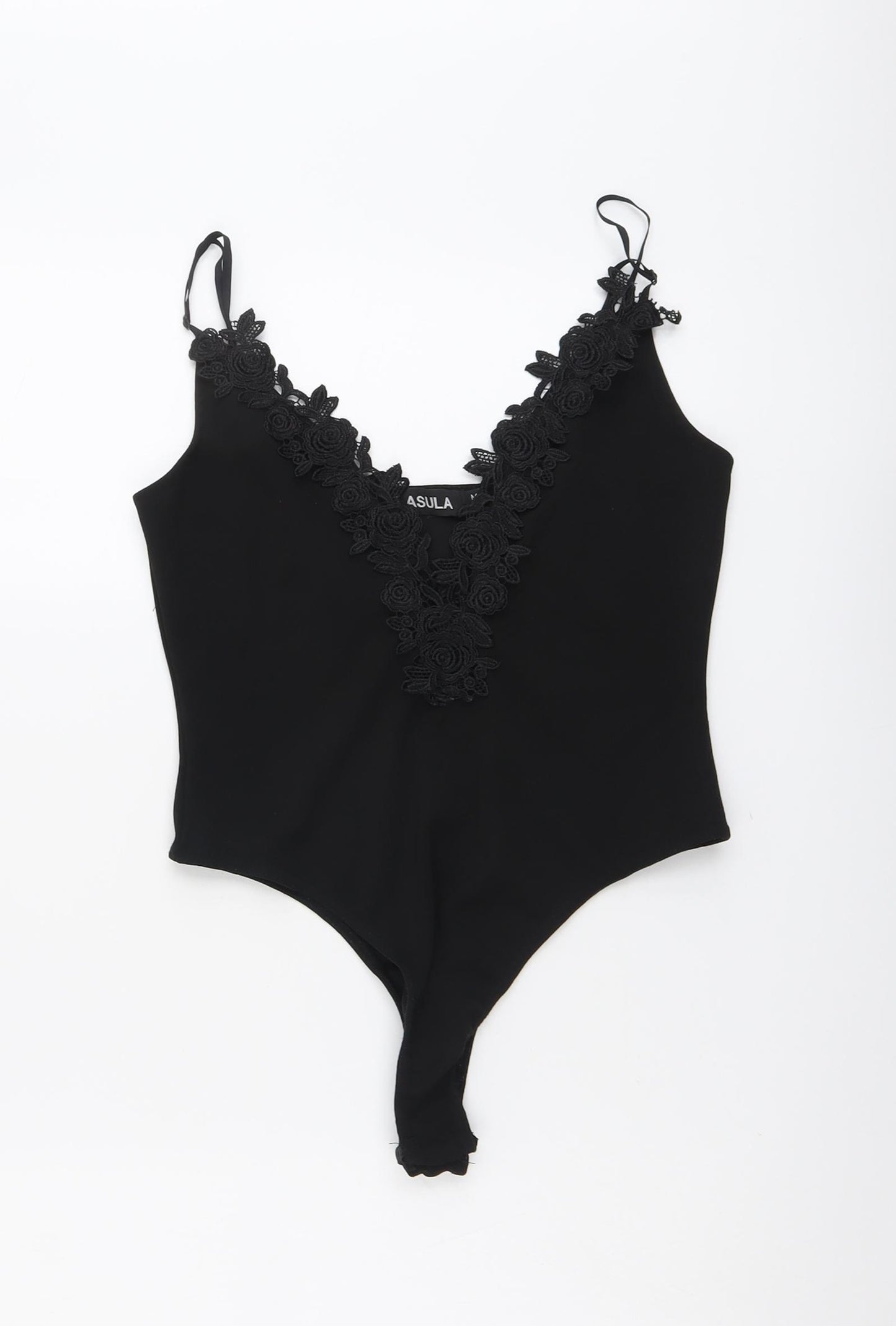 Lasula Womens Black Polyester Bodysuit One-Piece Size M Snap - Floral Lace Trim