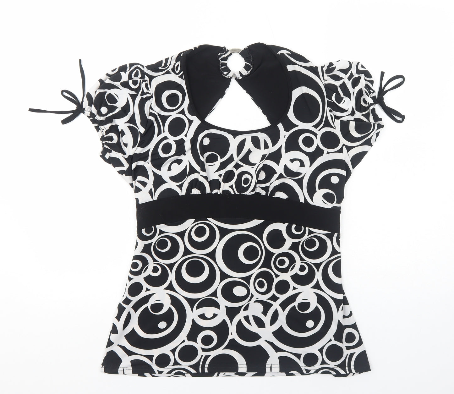 BASSINI Womens Black Geometric Polyester Basic T-Shirt Size XL Round Neck