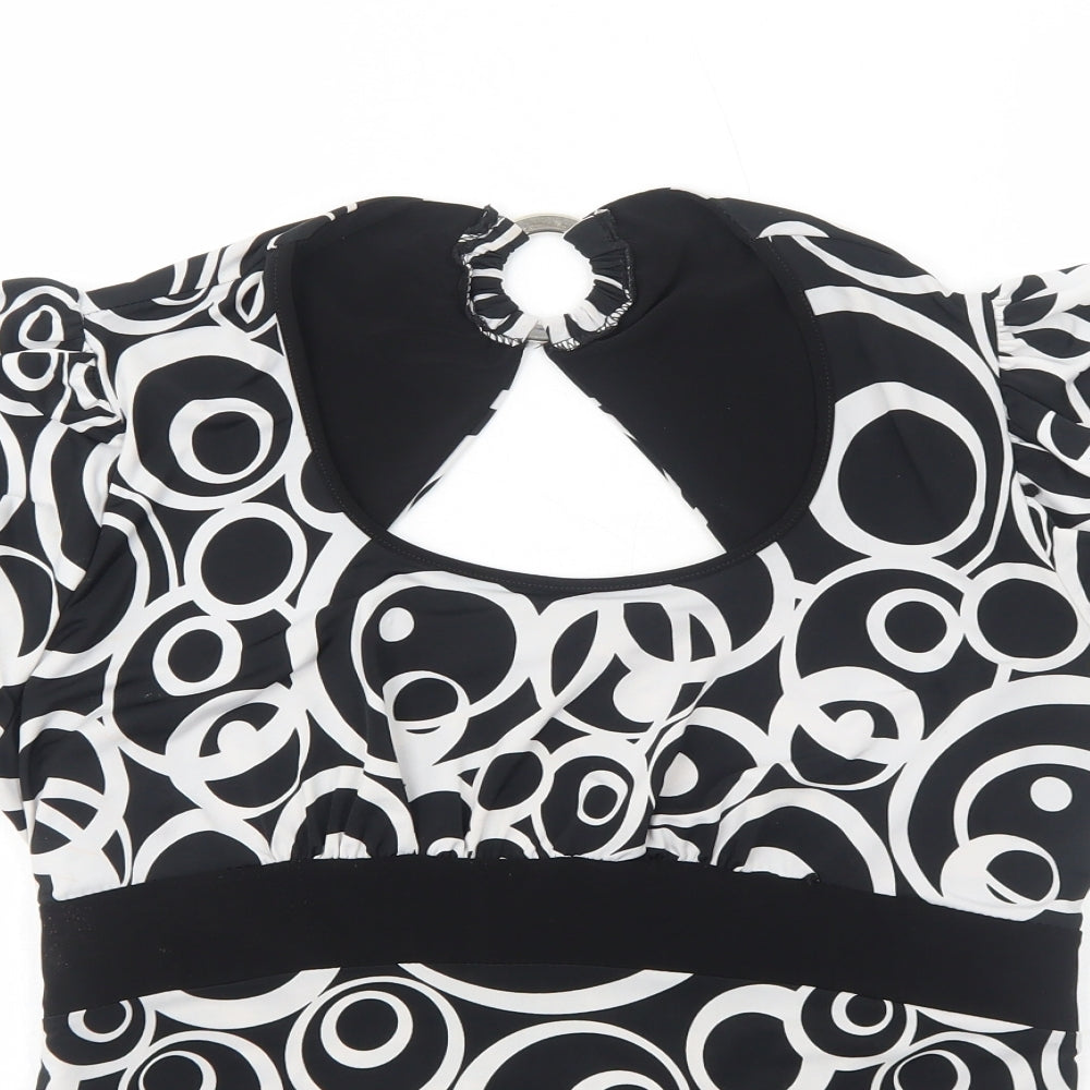 BASSINI Womens Black Geometric Polyester Basic T-Shirt Size XL Round Neck