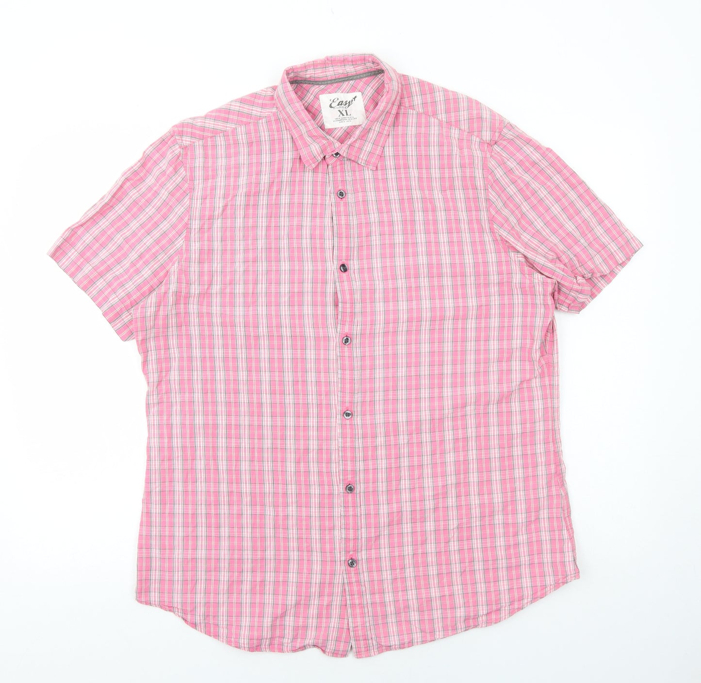 Easy Mens Pink Plaid Cotton Button-Up Size XL Collared Button