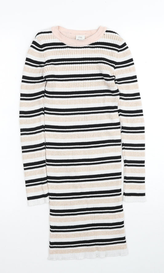 River Island Girls Multicoloured Striped Acrylic Blend Jumper Dress Size 9-10 Years Boat Neck Pullover