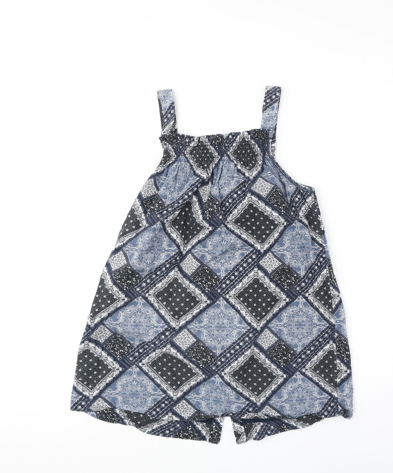TU Girls Blue Geometric Polyester Tank Dress Size 8 Years Square Neck Button