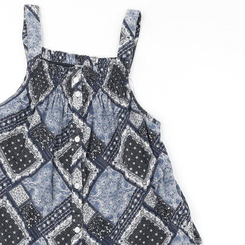 TU Girls Blue Geometric Polyester Tank Dress Size 8 Years Square Neck Button