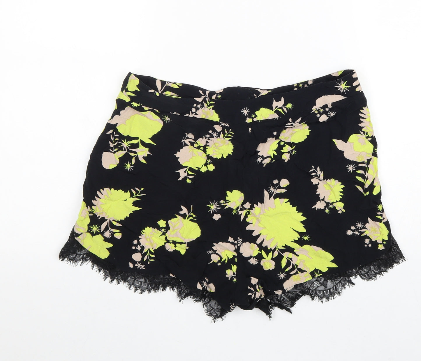 Topshop Womens Black Floral Viscose Basic Shorts Size 12 Regular Zip