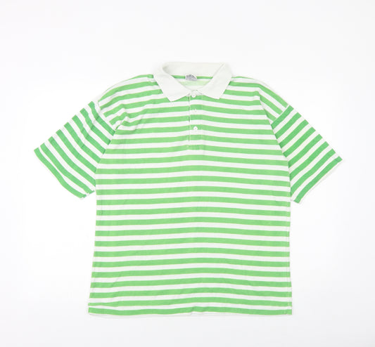 leisure man Mens Green Striped Cotton Polo Size M Collared Button